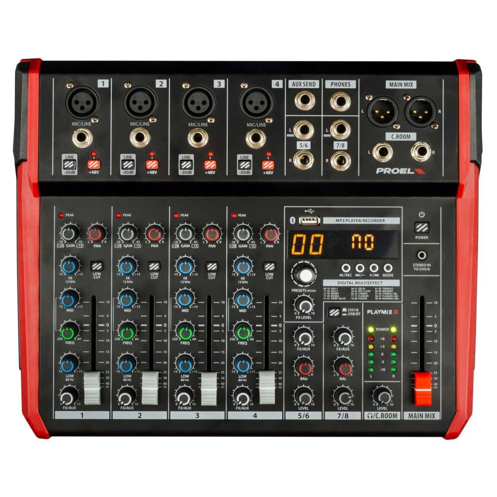 PROEL PLAYMIX 8 • Mixer Analogico 8 canali con Effetti, Bluetooth e Lettore/Registratore USB