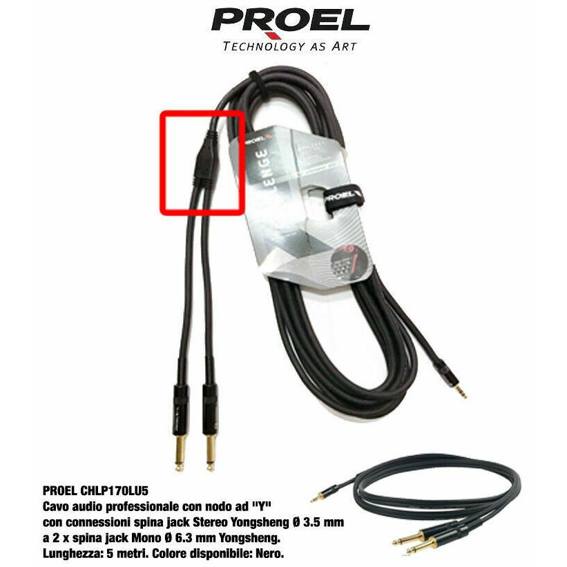 Proel CHLP170LU5 Cavo Professionale Y jack 3,5 Stereo a 2 jack 6,3 Mono 5 metri